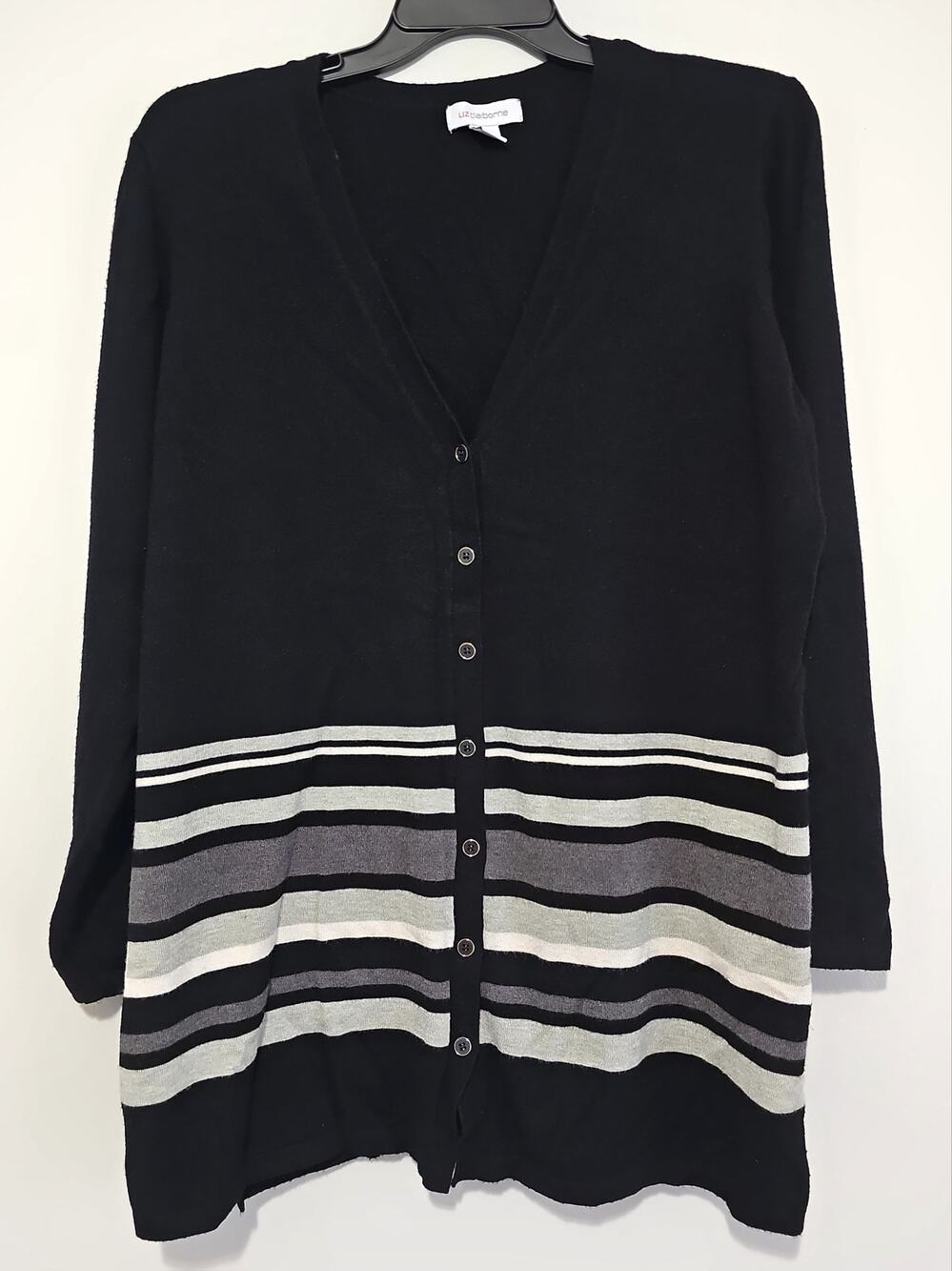 Liz Claiborne Button Knit Cardigan Stripes Womens XL Black Long Sleeve